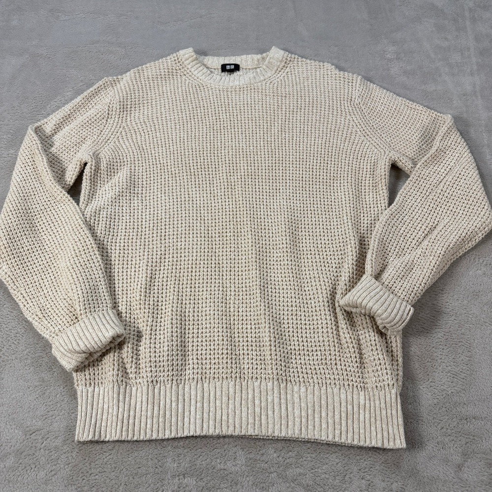 Uniqlo Mens XL Beige Oatmeal Waffle Knit Crew Neck Cotton Blend Sweater Preppy